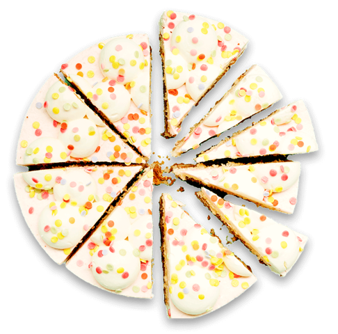 An iced cake with confetti sprinkles sliced into ten portions.